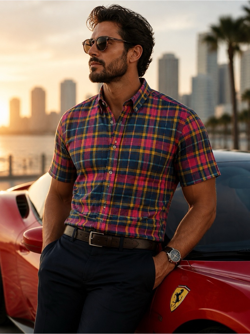 Bugatchi 100% Linen Multicolor Plaid Short-Sleeve Button-Down Shirt, L